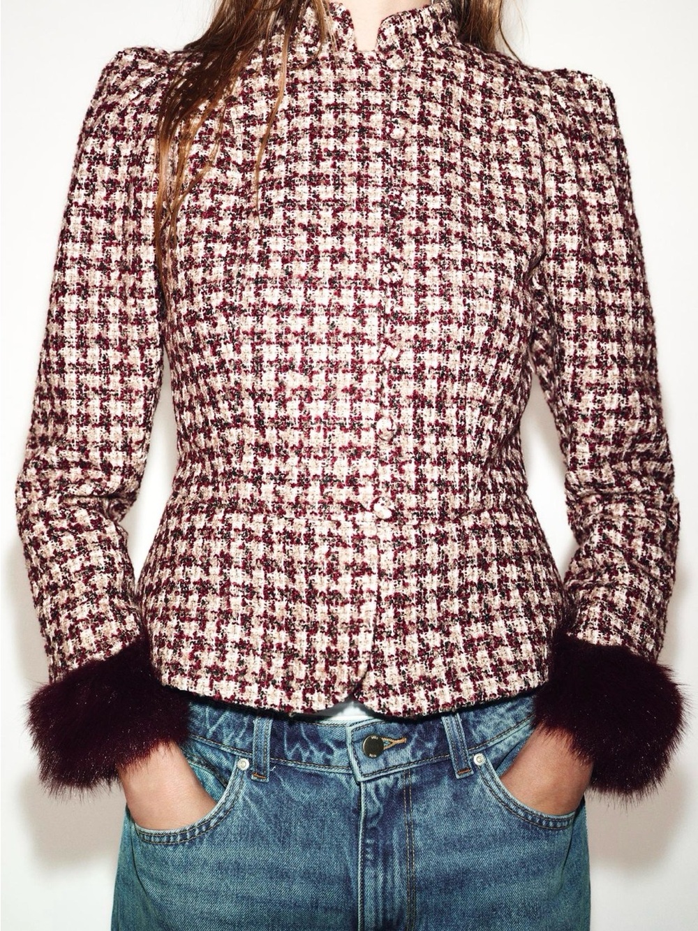 Zara Burgundy & Cream Tweed Blazer with Faux Fur Cuffs